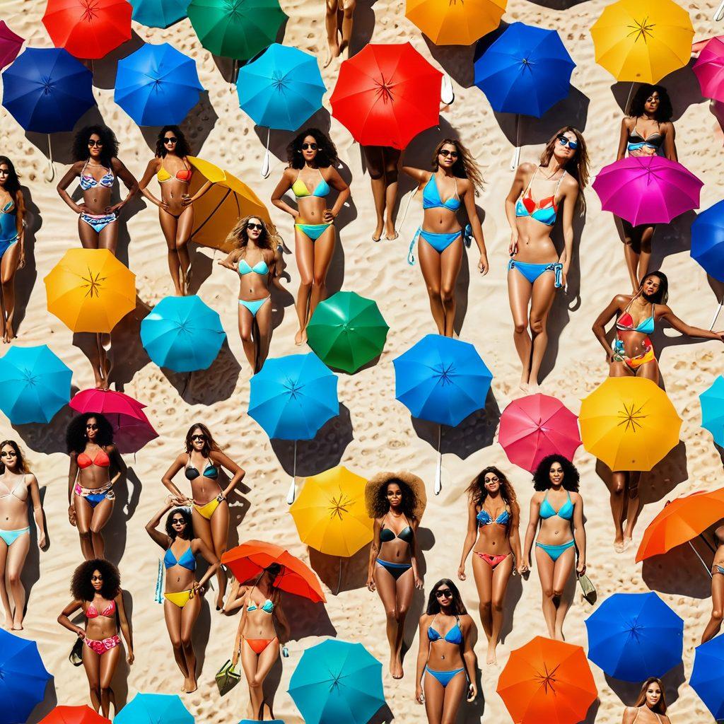 A vibrant summer beach setting featuring a collection of diverse swimwear styles, from trendy string bikinis to elegant chic beachwear. Models of various ethnicities are showcasing the fashion, surrounded by colorful beach umbrellas, crystal-clear water, and sun-kissed sand. The atmosphere is radiant, evoking a sense of joy and elegance. The scene captures the essence of summer style at its best. vibrant colors. super-realistic. tropical background.